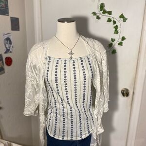 White and Blue Floral Patterned Women's Tank Top